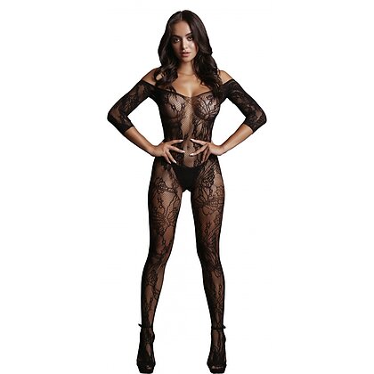 Catsuit Le Désir Lace Sleeved Negru