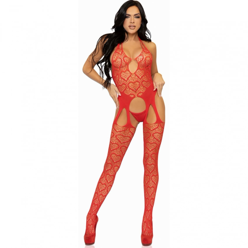 Bodystocking Plasă Inimioare Leg Avenue siluetă Conturată Roșu S-L
