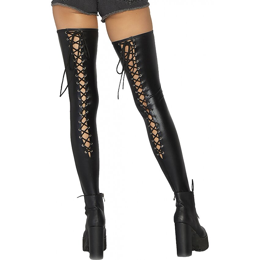 Dresuri Leg Avenue Wetlook Lace Up Thigh Highs Negru S-M